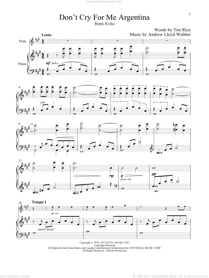 Don't Cry For Me Argentina (from Evita) sheet music for flute and piano by Andrew Lloyd Webber, Madonna and Tim Rice, intermediate skill level