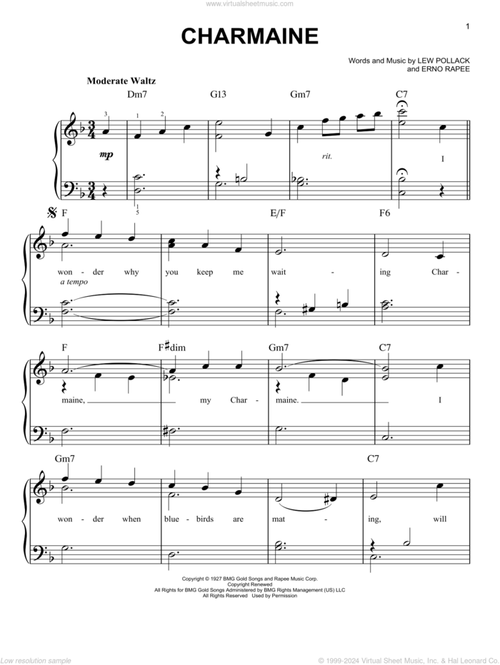 Charmaine sheet music for piano solo by Lew Pollack, The Four Freshmen and Erno Rapee, easy skill level