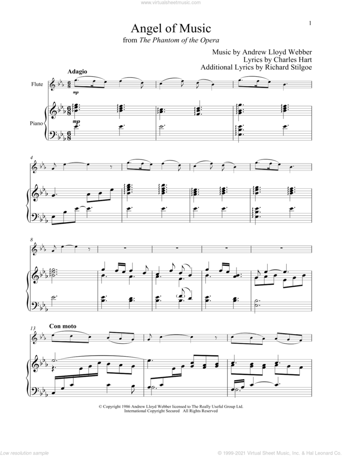 Angel Of Music (from The Phantom of The Opera) sheet music for flute and piano by Andrew Lloyd Webber, Charles Hart and Richard Stilgoe, intermediate skill level
