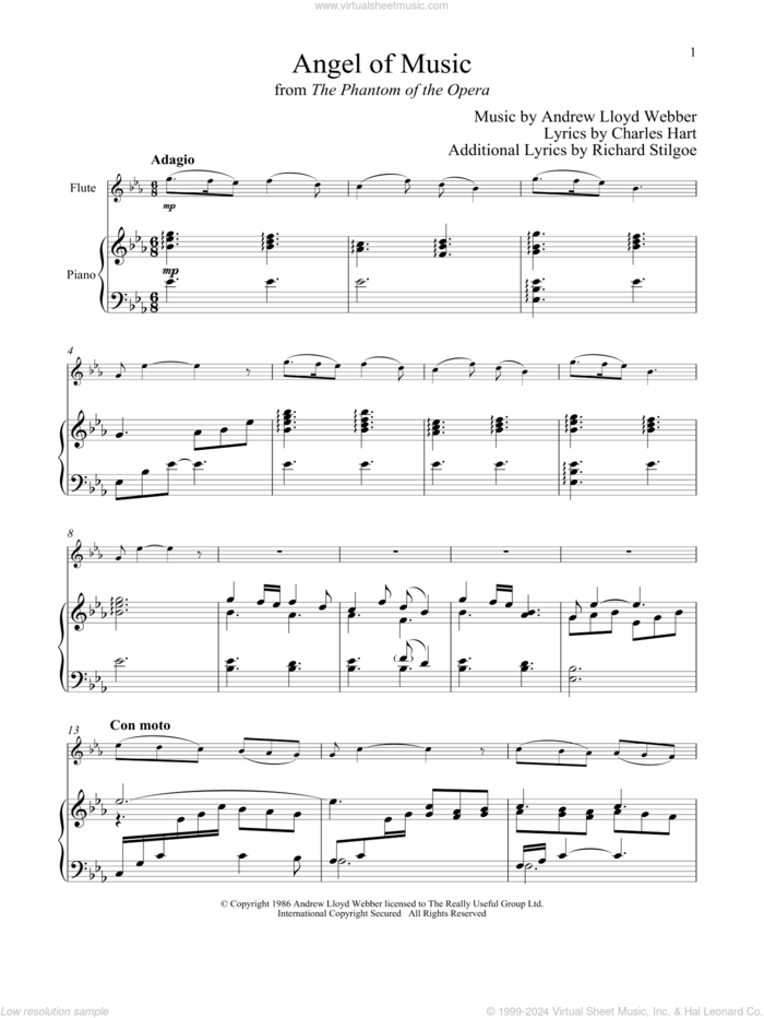 Angel Of Music (from The Phantom of The Opera) sheet music for flute and piano by Andrew Lloyd Webber, Charles Hart and Richard Stilgoe, intermediate skill level