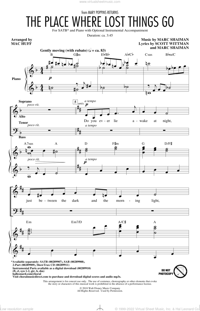The Place Where Lost Things Go (from Mary Poppins Returns) (arr. Mac Huff) sheet music for choir (SATB: soprano, alto, tenor, bass) by Emily Blunt, Mac Huff, Marc Shaiman and Scott Wittman, intermediate skill level