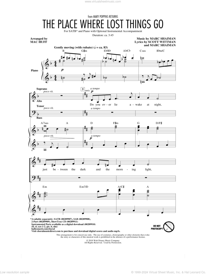 The Place Where Lost Things Go (from Mary Poppins Returns) (arr. Mac Huff) sheet music for choir (SATB: soprano, alto, tenor, bass) by Emily Blunt, Mac Huff, Marc Shaiman and Scott Wittman, intermediate skill level