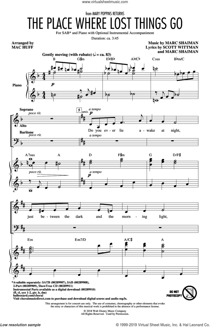 The Place Where Lost Things Go (from Mary Poppins Returns) (arr. Mac Huff) sheet music for choir (SAB: soprano, alto, bass) by Emily Blunt, Mac Huff, Marc Shaiman and Scott Wittman, intermediate skill level