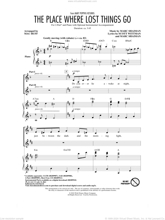 The Place Where Lost Things Go (from Mary Poppins Returns) (arr. Mac Huff) sheet music for choir (2-Part) by Emily Blunt, Mac Huff, Marc Shaiman and Scott Wittman, intermediate duet