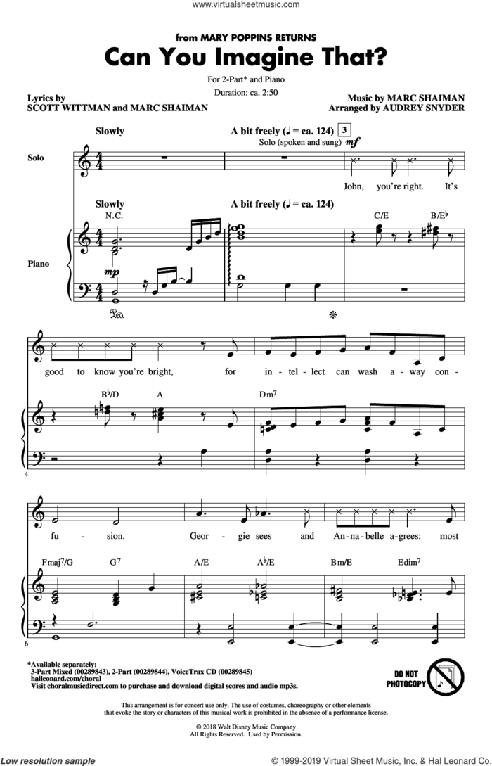 Can You Imagine That? (from Mary Poppins Returns) (arr. Audrey Snyder) sheet music for choir (2-Part) by Emily Blunt & Company, Audrey Snyder, Marc Shaiman and Scott Wittman, intermediate duet