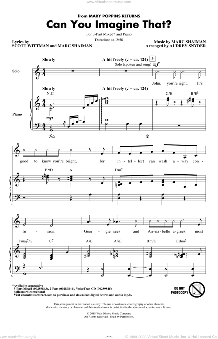 Can You Imagine That? (from Mary Poppins Returns) (arr. Audrey Snyder) sheet music for choir (3-Part Mixed) by Emily Blunt & Company, Audrey Snyder, Marc Shaiman and Scott Wittman, intermediate skill level