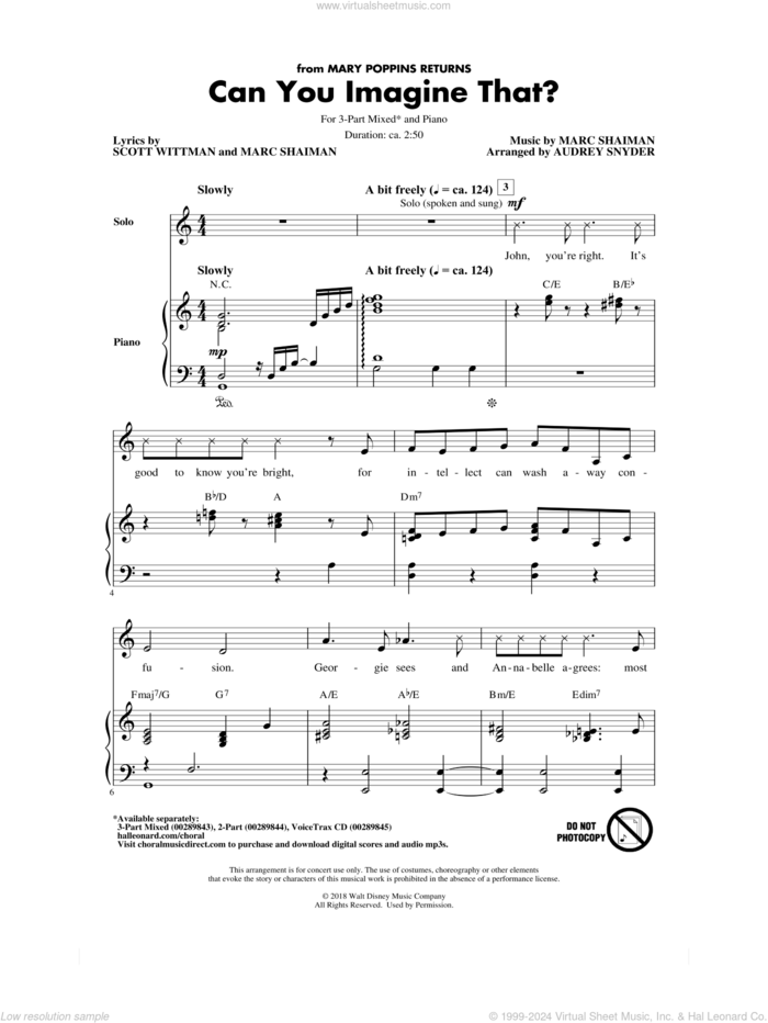 Can You Imagine That? (from Mary Poppins Returns) (arr. Audrey Snyder) sheet music for choir (3-Part Mixed) by Emily Blunt & Company, Audrey Snyder, Marc Shaiman and Scott Wittman, intermediate skill level