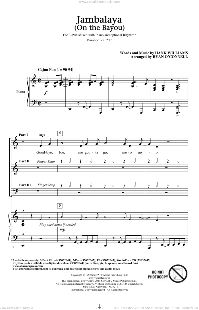 Jambalaya (On The Bayou) (arr. Ryan O'Connell) sheet music for choir (3-Part Mixed) by Hank Williams, intermediate skill level