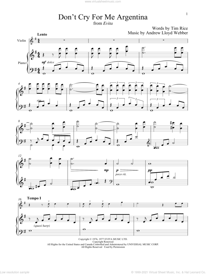 Don't Cry For Me Argentina sheet music for violin and piano by Andrew Lloyd Webber, Madonna and Tim Rice, intermediate skill level