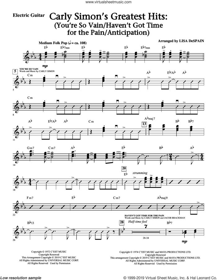 Carly Simon's Greatest Hits: A Choral Medley (arr. Lisa Despain) sheet music for orchestra/band (guitar) by Carly Simon and Lisa DeSpain, intermediate skill level
