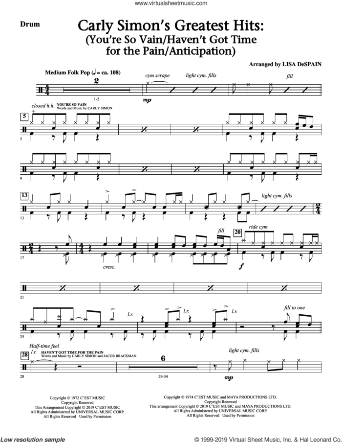 Carly Simon's Greatest Hits: A Choral Medley (arr. Lisa Despain) sheet music for orchestra/band (bass) by Carly Simon and Lisa DeSpain, intermediate skill level