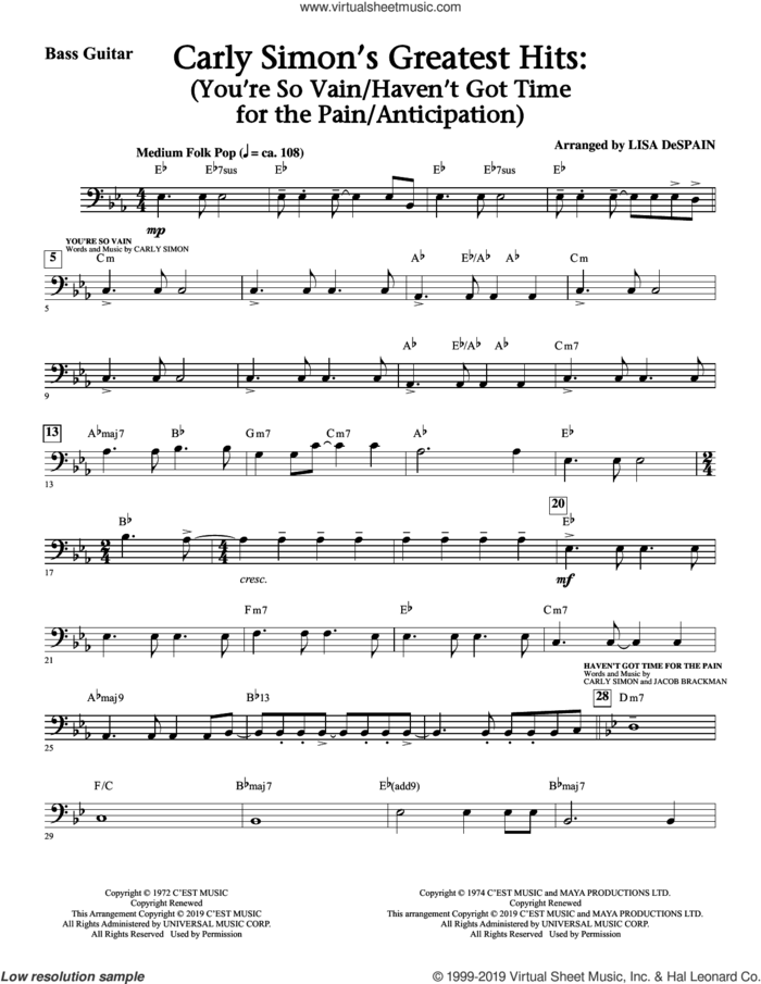 Carly Simon's Greatest Hits: A Choral Medley (arr. Lisa Despain) sheet music for orchestra/band (drums) by Carly Simon and Lisa DeSpain, intermediate skill level