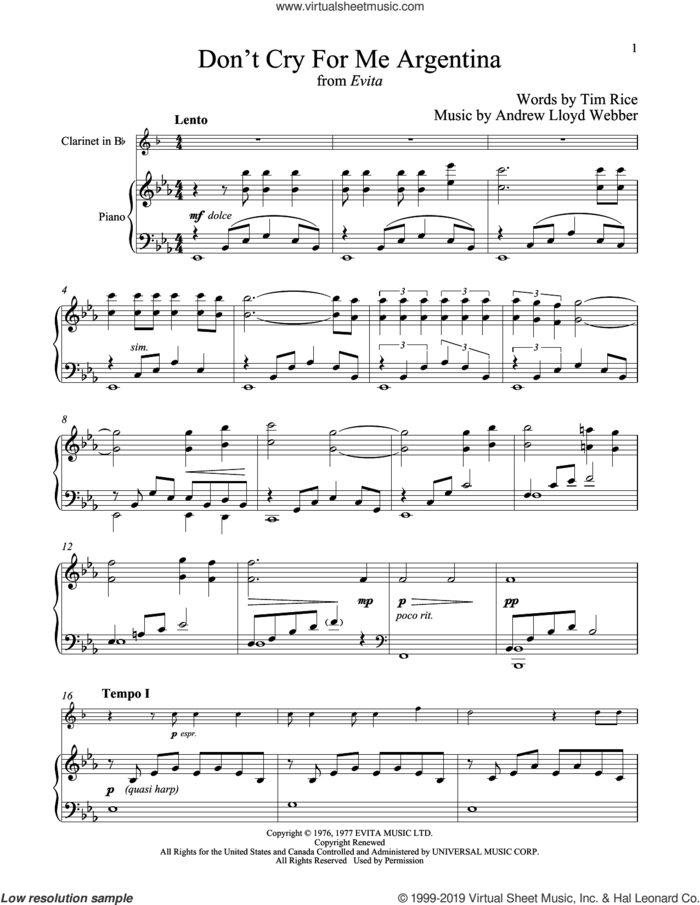 Don't Cry For Me Argentina sheet music for clarinet and piano by Andrew Lloyd Webber, Madonna and Tim Rice, intermediate skill level
