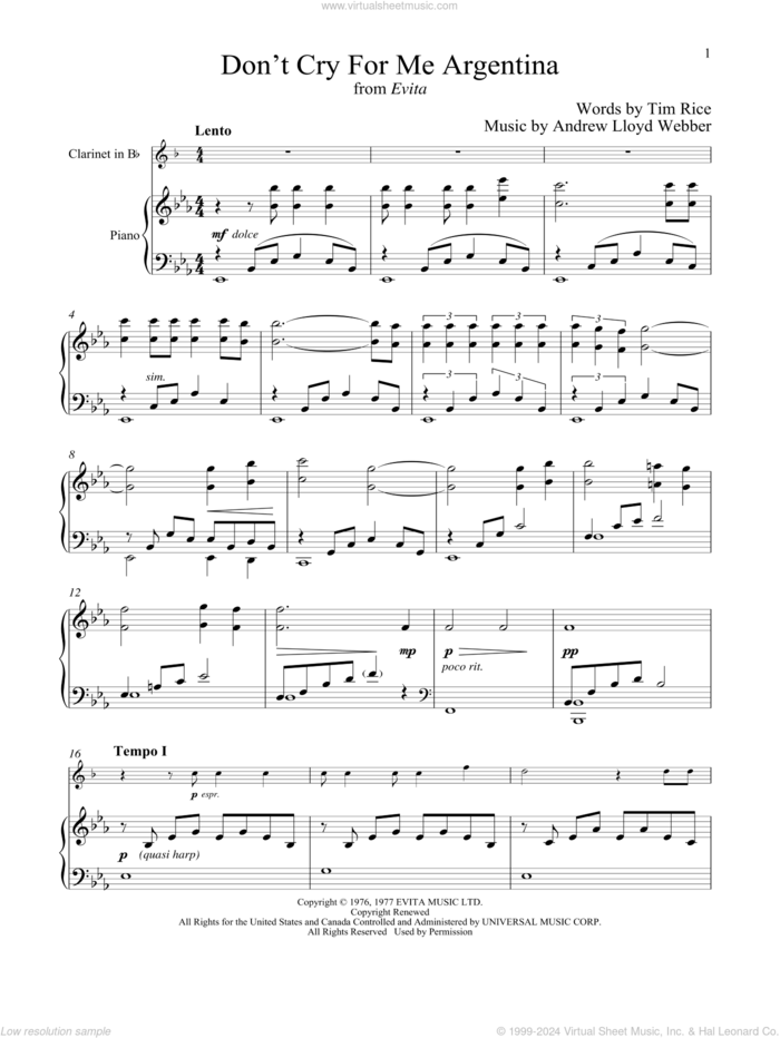 Don't Cry For Me Argentina sheet music for clarinet and piano by Andrew Lloyd Webber, Madonna and Tim Rice, intermediate skill level