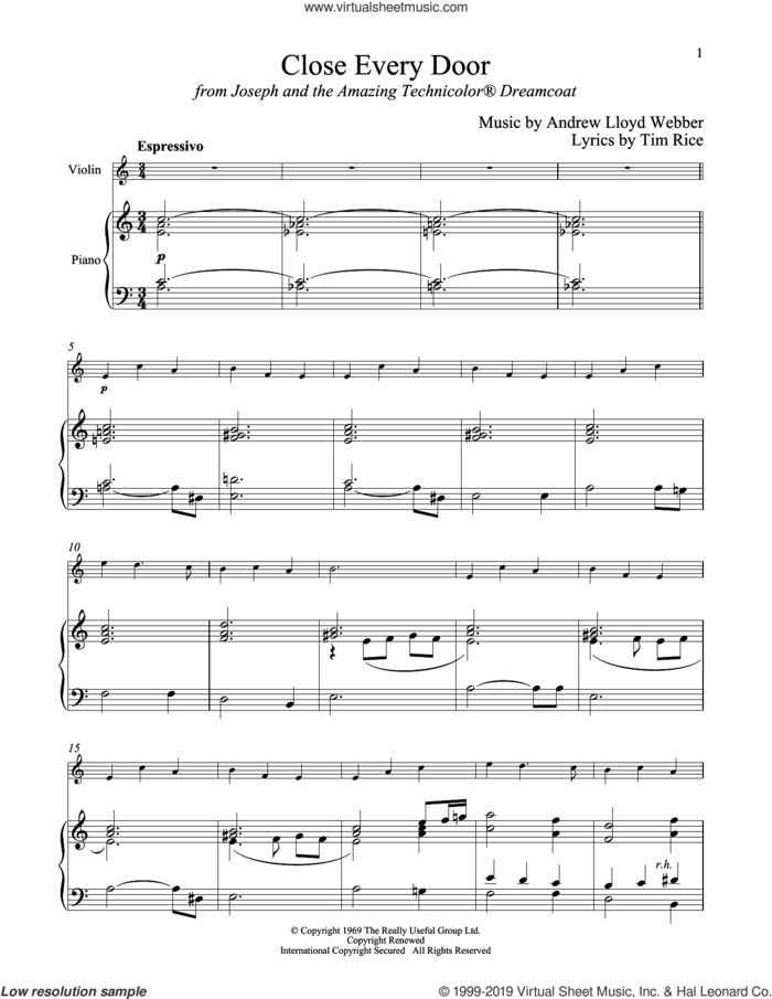 Close Every Door (from Joseph And The Amazing Technicolor Dreamcoat) sheet music for violin and piano by Andrew Lloyd Webber and Tim Rice, intermediate skill level
