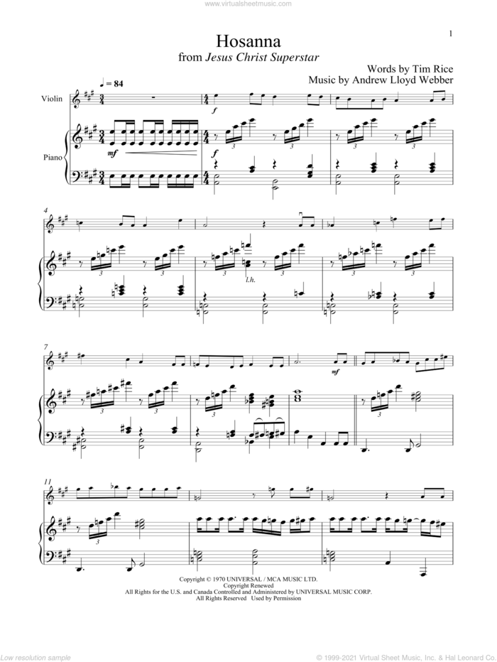 Hosanna (from Jesus Christ Superstar) sheet music for violin and piano by Andrew Lloyd Webber and Tim Rice, intermediate skill level