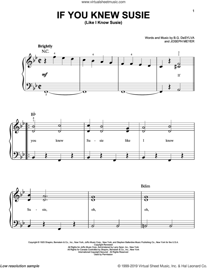 If You Knew Susie (Like I Know Susie) sheet music for piano solo by Buddy DeSylva, Eddie Cantor and Joseph Meyer, easy skill level