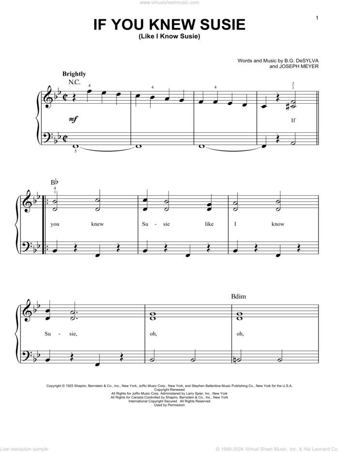 If You Knew Susie (Like I Know Susie) sheet music for piano solo by Buddy DeSylva, Eddie Cantor and Joseph Meyer, easy skill level