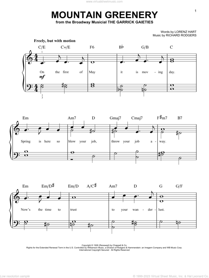 Mountain Greenery sheet music for piano solo by Rodgers & Hart, Lorenz Hart and Richard Rodgers, easy skill level