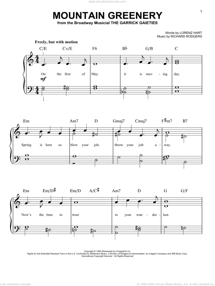 Mountain Greenery sheet music for piano solo by Rodgers & Hart, Lorenz Hart and Richard Rodgers, easy skill level