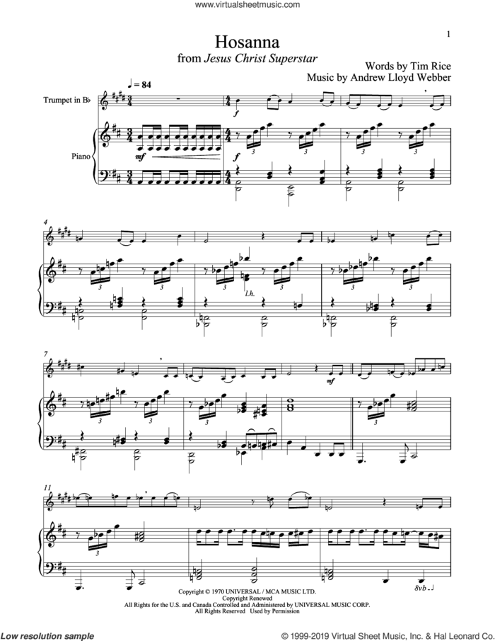 Hosanna (from Jesus Christ Superstar) sheet music for trumpet and piano by Andrew Lloyd Webber and Tim Rice, intermediate skill level