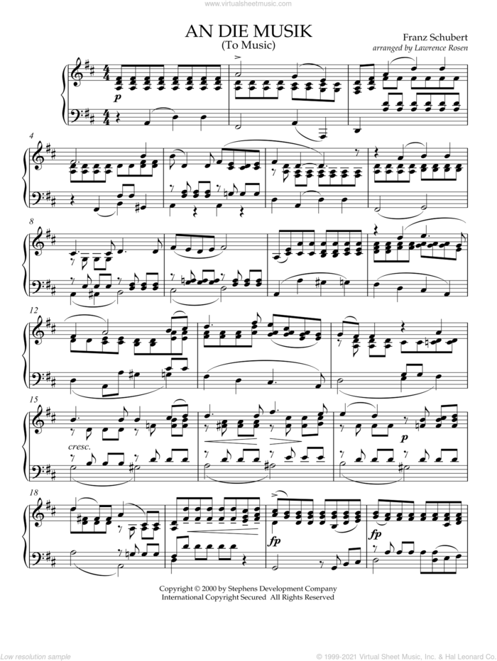 An Die Musik (To Music) (arr. Lawrence Rosen) sheet music for piano solo by Franz Schubert, intermediate skill level