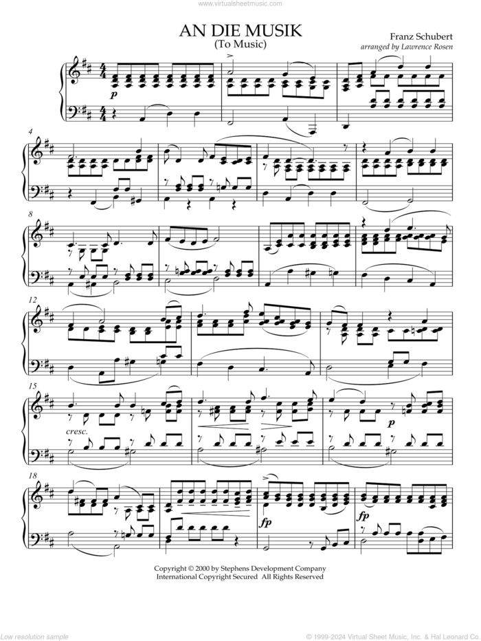 An Die Musik (To Music) (arr. Lawrence Rosen) sheet music for piano solo by Franz Schubert, intermediate skill level