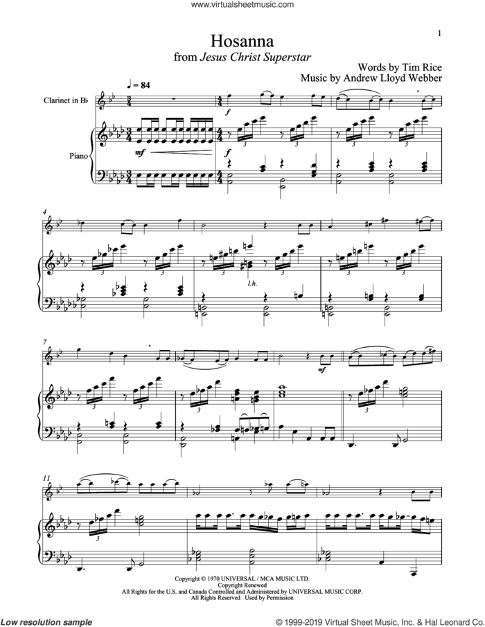 Hosanna (from Jesus Christ Superstar) sheet music for clarinet and piano by Andrew Lloyd Webber and Tim Rice, intermediate skill level