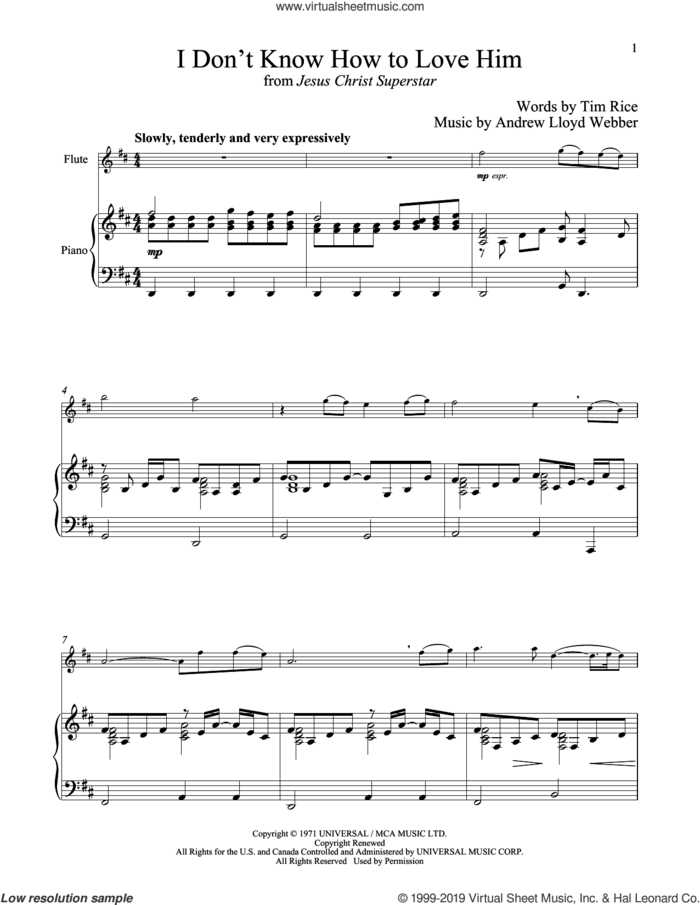 I Don't Know How To Love Him (from Jesus Christ Superstar) sheet music for flute and piano by Andrew Lloyd Webber, Helen Reddy and Tim Rice, intermediate skill level