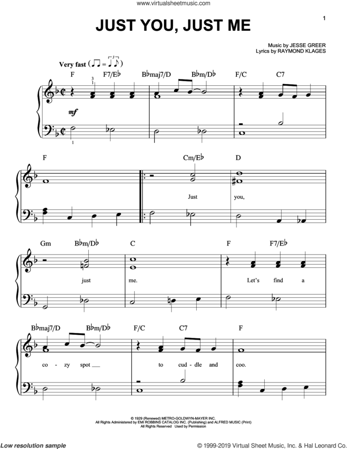 Just You, Just Me sheet music for piano solo by Jesse Greer and Raymond Klages, easy skill level