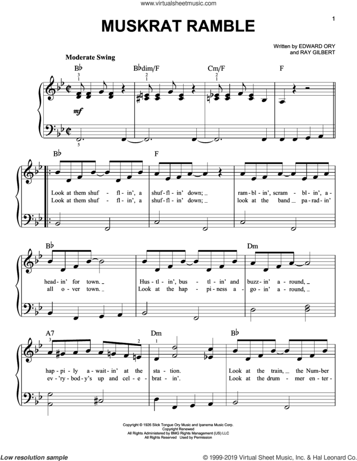 Muskrat Ramble sheet music for piano solo by Ray Gilbert, Louis Armstrong and Edward 'Kid' Ory, easy skill level
