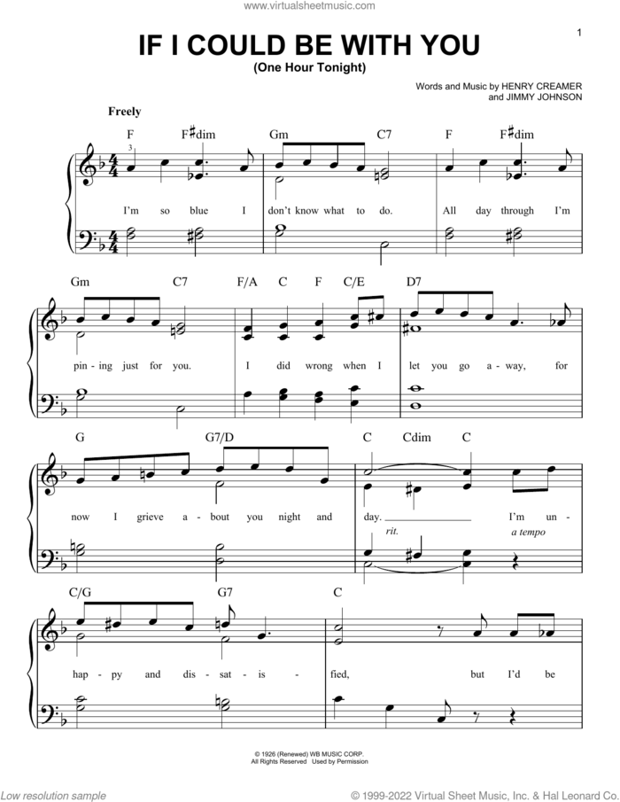 If I Could Be With You (One Hour Tonight) sheet music for piano solo by Jimmy Johnson and Henry Creamer, easy skill level