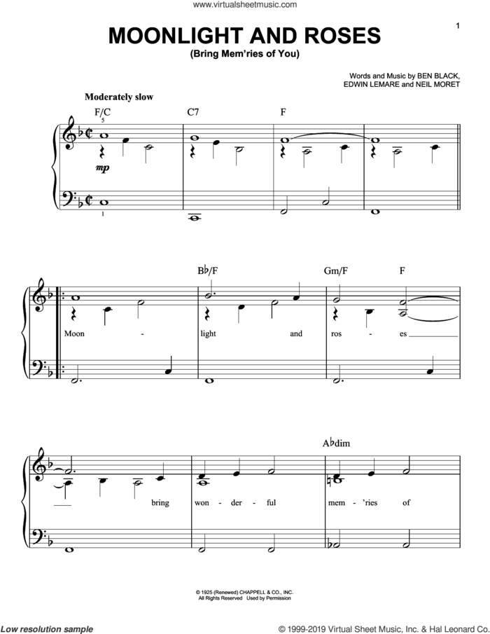 Moonlight And Roses (Bring Mem'ries Of You) sheet music for piano solo by Neil Moret, Ben Black and Edwin Lemare, easy skill level