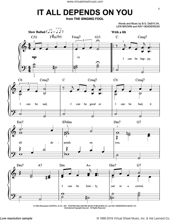 It All Depends On You sheet music for piano solo by Buddy DeSylva, Lew Brown and Ray Henderson, easy skill level