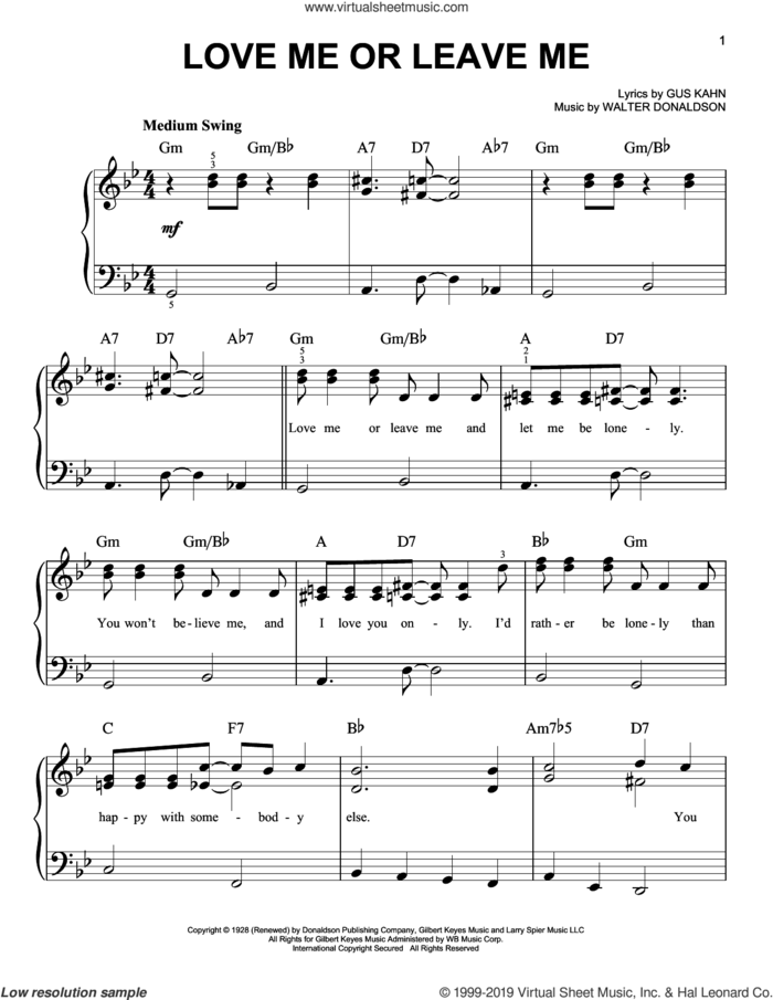 Love Me Or Leave Me sheet music for piano solo by Gus Kahn, Dave Pell and Walter Donaldson, easy skill level