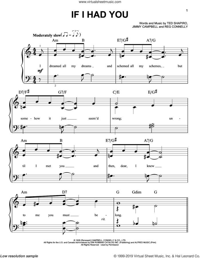 If I Had You sheet music for piano solo by Frank Sinatra, Jimmy Campbell, Reg Connelly and Ted Shapiro, easy skill level