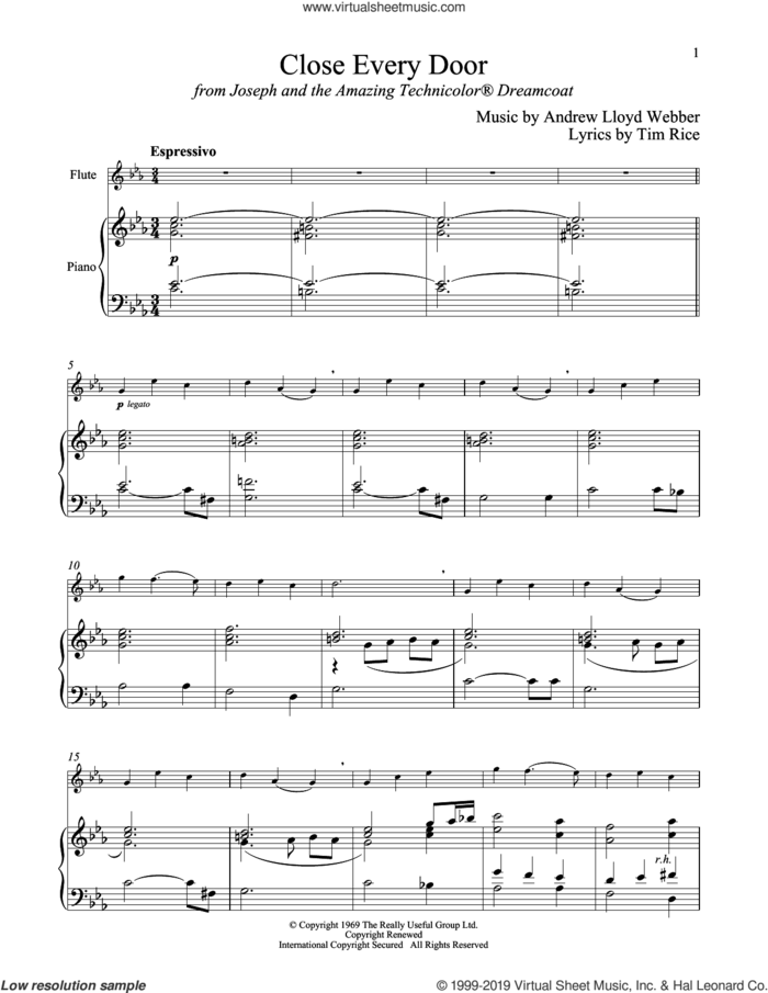 Close Every Door (from Joseph And The Amazing Technicolor Dreamcoat) sheet music for flute and piano by Andrew Lloyd Webber and Tim Rice, intermediate skill level