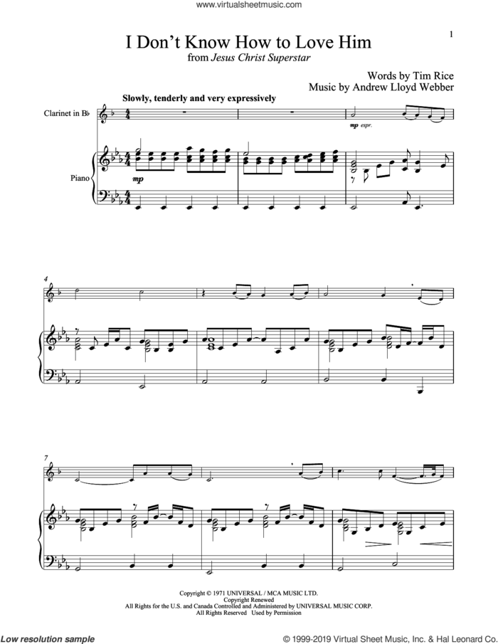 I Don't Know How To Love Him (from Jesus Christ Superstar) sheet music for clarinet and piano by Andrew Lloyd Webber, Helen Reddy and Tim Rice, intermediate skill level
