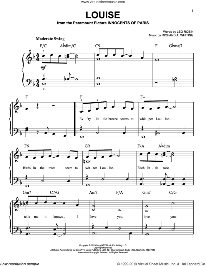 Louise sheet music for piano solo by Leo Robin and Richard A. Whiting, easy skill level