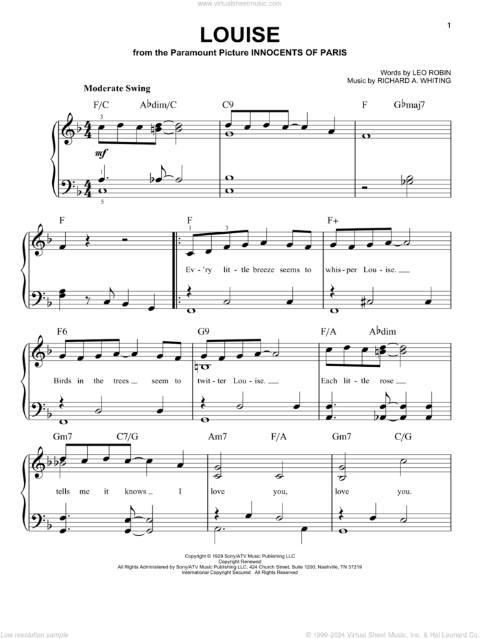 Louise sheet music for piano solo by Leo Robin and Richard A. Whiting, easy skill level