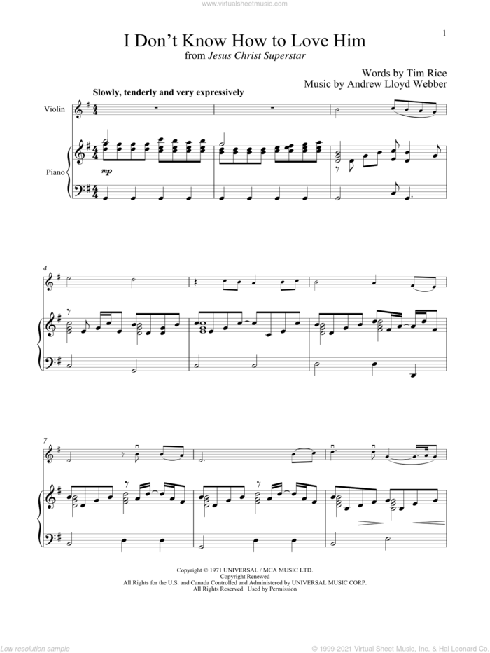 I Don't Know How To Love Him (from Jesus Christ Superstar) sheet music for violin and piano by Andrew Lloyd Webber, Helen Reddy and Tim Rice, intermediate skill level