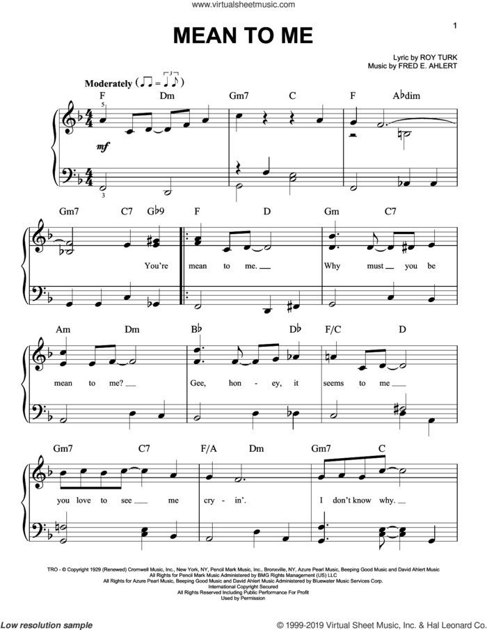 Mean To Me (from Love Me Or Leave Me) sheet music for piano solo by Roy Turk and Fred Ahlert, easy skill level