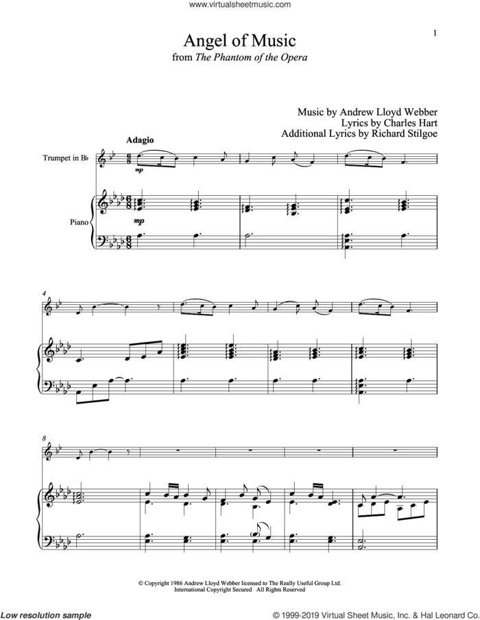 Angel Of Music (from The Phantom of The Opera) sheet music for trumpet and piano by Andrew Lloyd Webber, Charles Hart and Richard Stilgoe, intermediate skill level