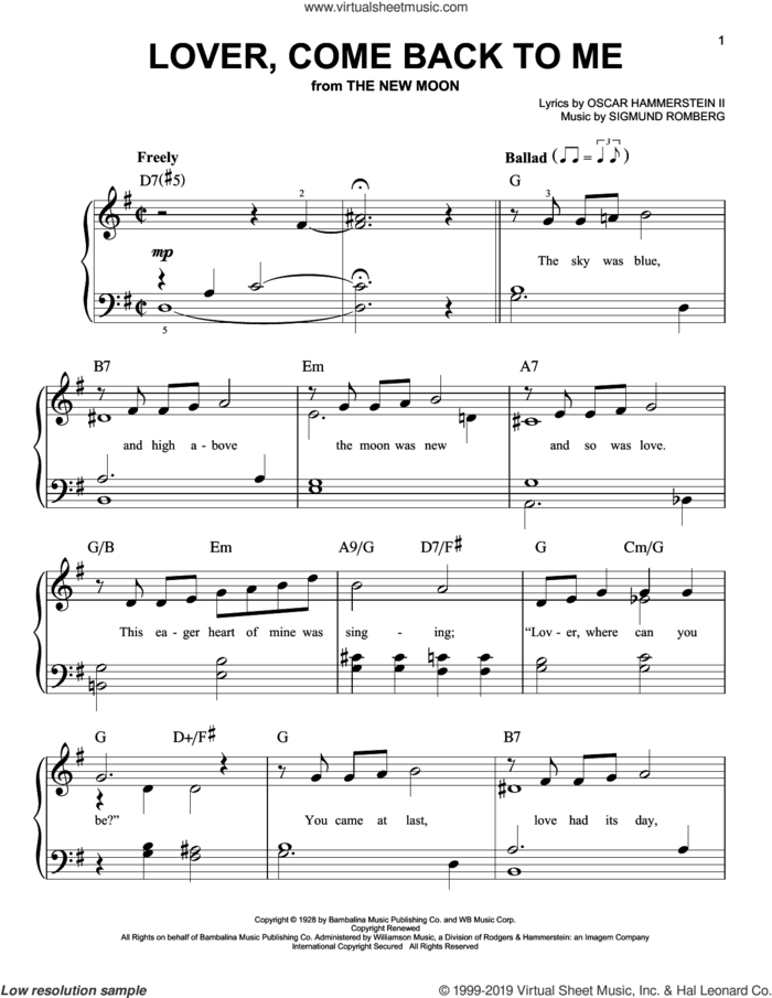 Lover, Come Back To Me sheet music for piano solo by Oscar II Hammerstein and Sigmund Romberg, easy skill level
