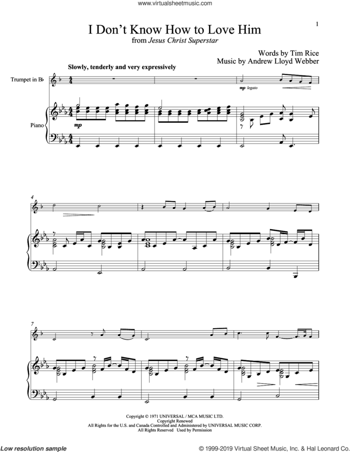 I Don't Know How To Love Him (from Jesus Christ Superstar) sheet music for trumpet and piano by Andrew Lloyd Webber, Helen Reddy and Tim Rice, intermediate skill level