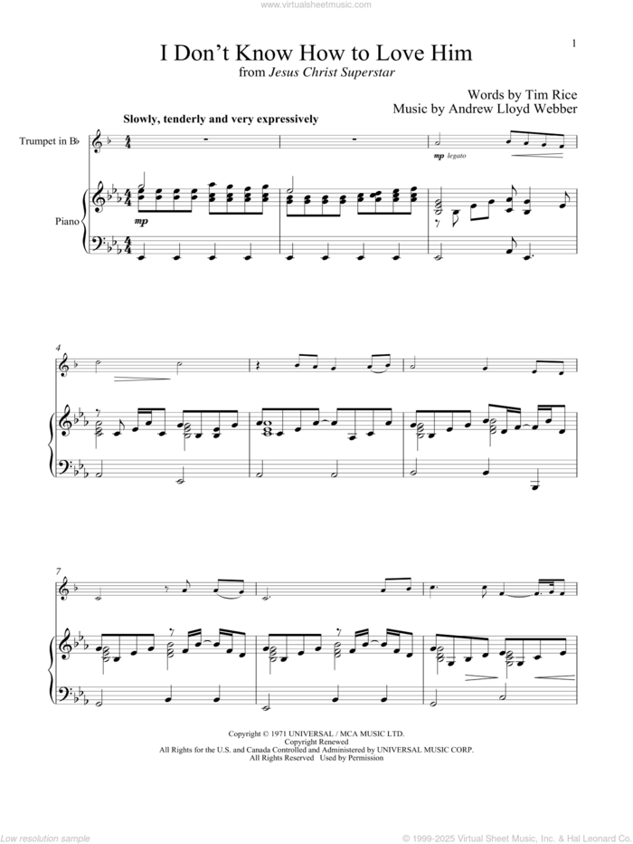 I Don't Know How To Love Him (from Jesus Christ Superstar) sheet music for trumpet and piano by Andrew Lloyd Webber, Helen Reddy and Tim Rice, intermediate skill level