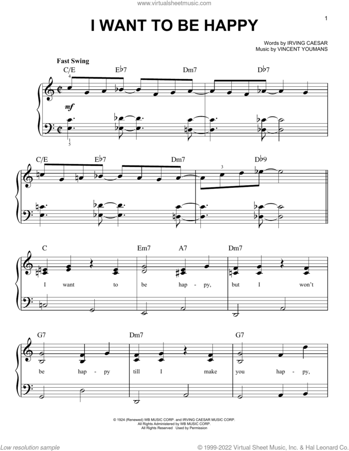 I Want To Be Happy sheet music for piano solo by Vincent Youmans and Irving Caesar, easy skill level