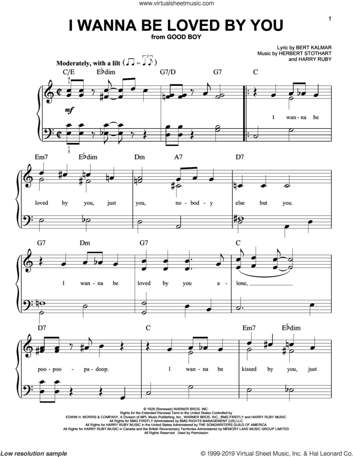 I Wanna Be Loved By You sheet music for piano solo by Herbert Stothart, Bert Kalmar and Harry Ruby, easy skill level