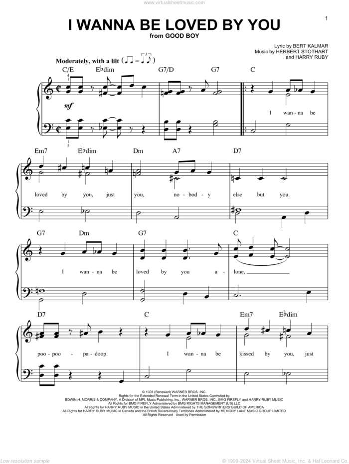 I Wanna Be Loved By You sheet music for piano solo by Herbert Stothart, Bert Kalmar and Harry Ruby, easy skill level