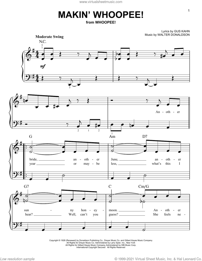 Makin' Whoopee! sheet music for piano solo by Gus Kahn, John Hicks and Walter Donaldson, easy skill level